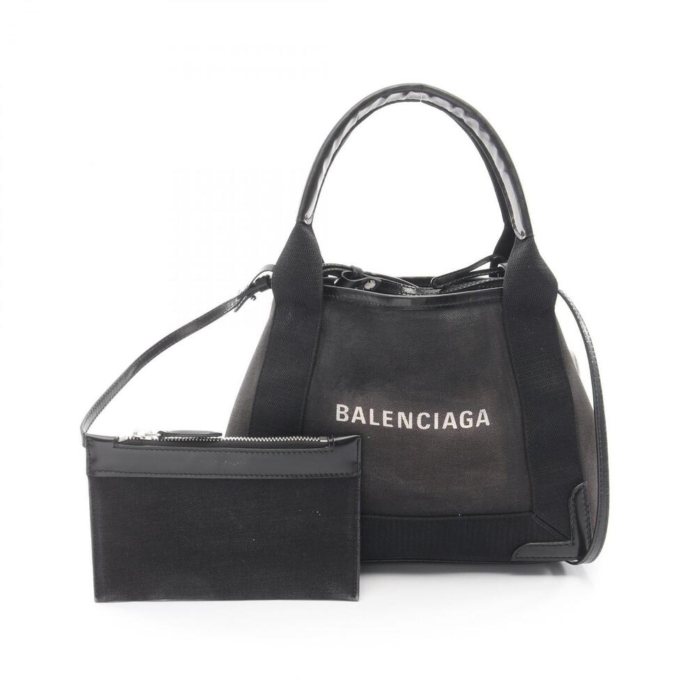 Balenciaga Navy Blue Cabas Handbag Canvas Leather Black